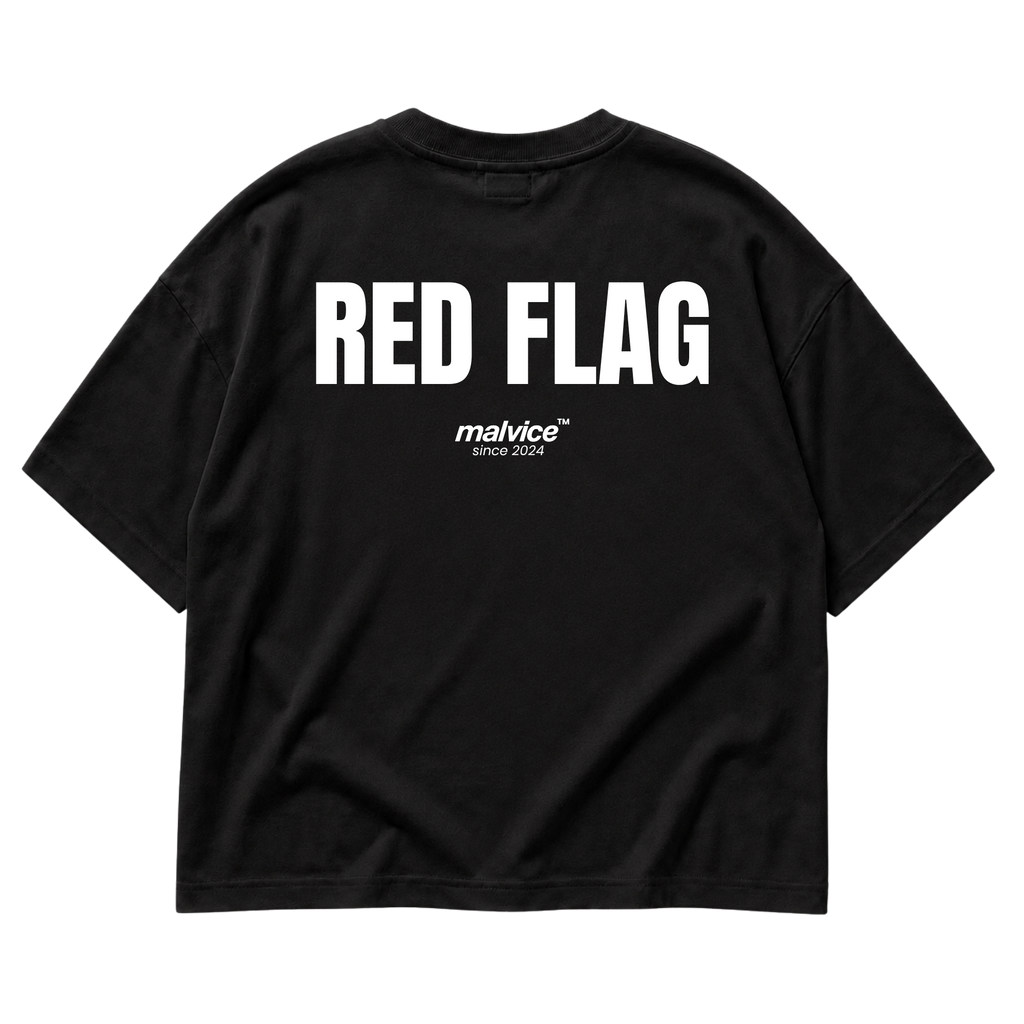Back view of the black RED Flag Oversized T-Shirt by MALVICE.