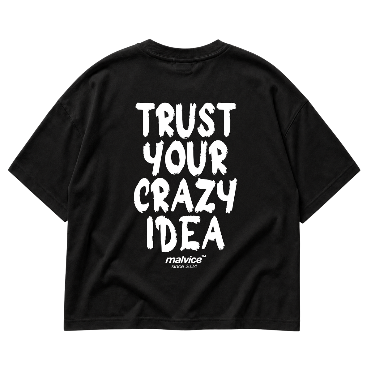Back view of the black TRUST YOUR CRAZY IDEA Oversized T-Shirt by MALVICE, bold brush lettering.