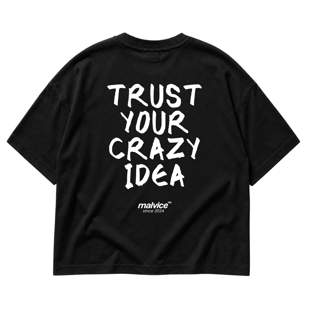 Back view of the black TRUST YOUR CRAZY IDEA Oversized T-Shirt by MALVICE, handwritten lettering.