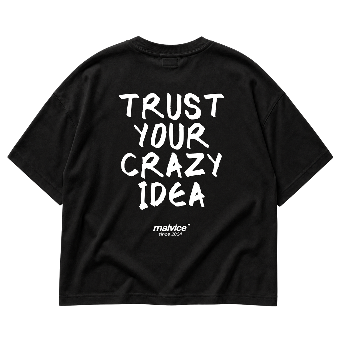 Back view of the black TRUST YOUR CRAZY IDEA Oversized T-Shirt by MALVICE, handwritten lettering.