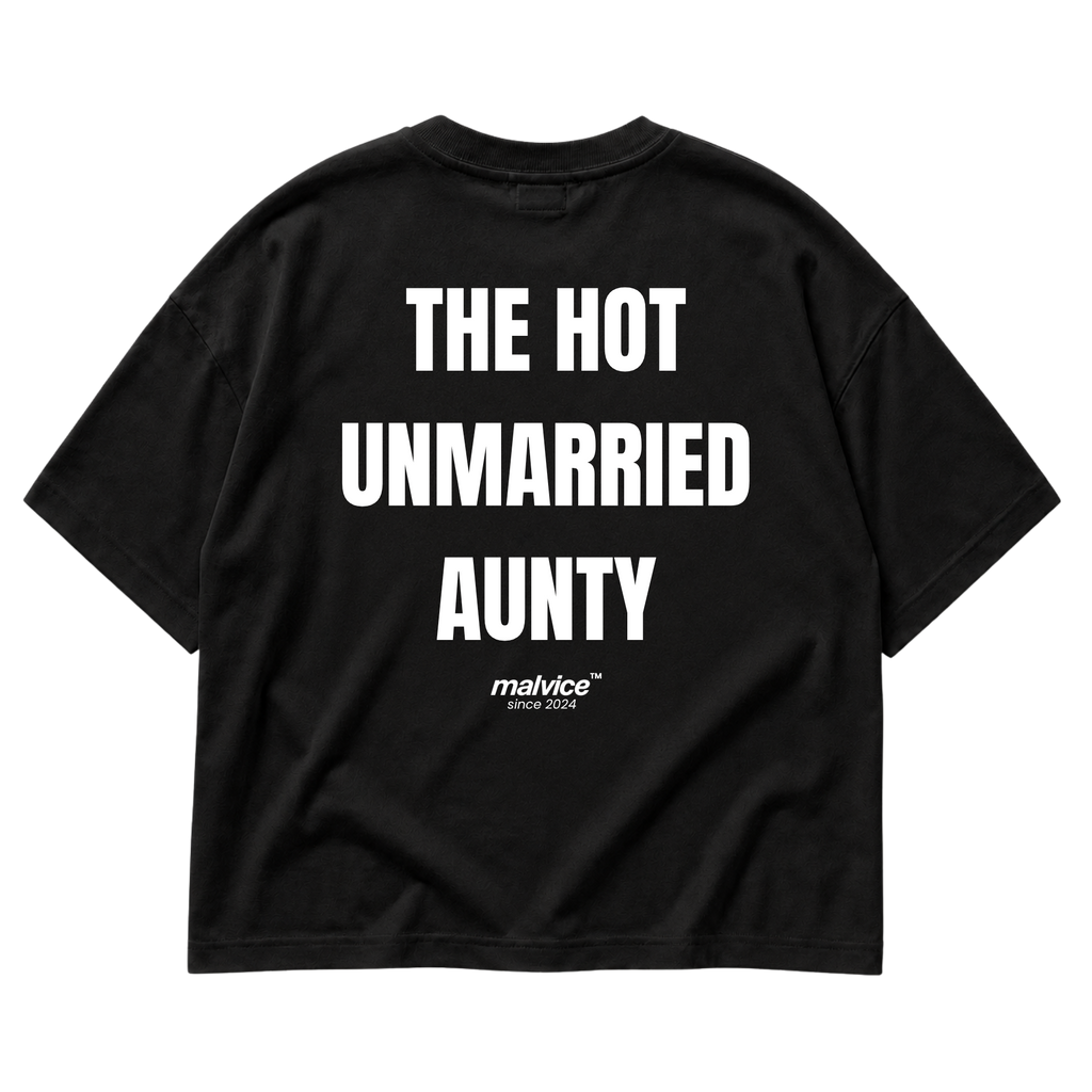 Back view of the black THE HOT UNMARRIED AUNTY Oversized T-Shirt by MALVICE.