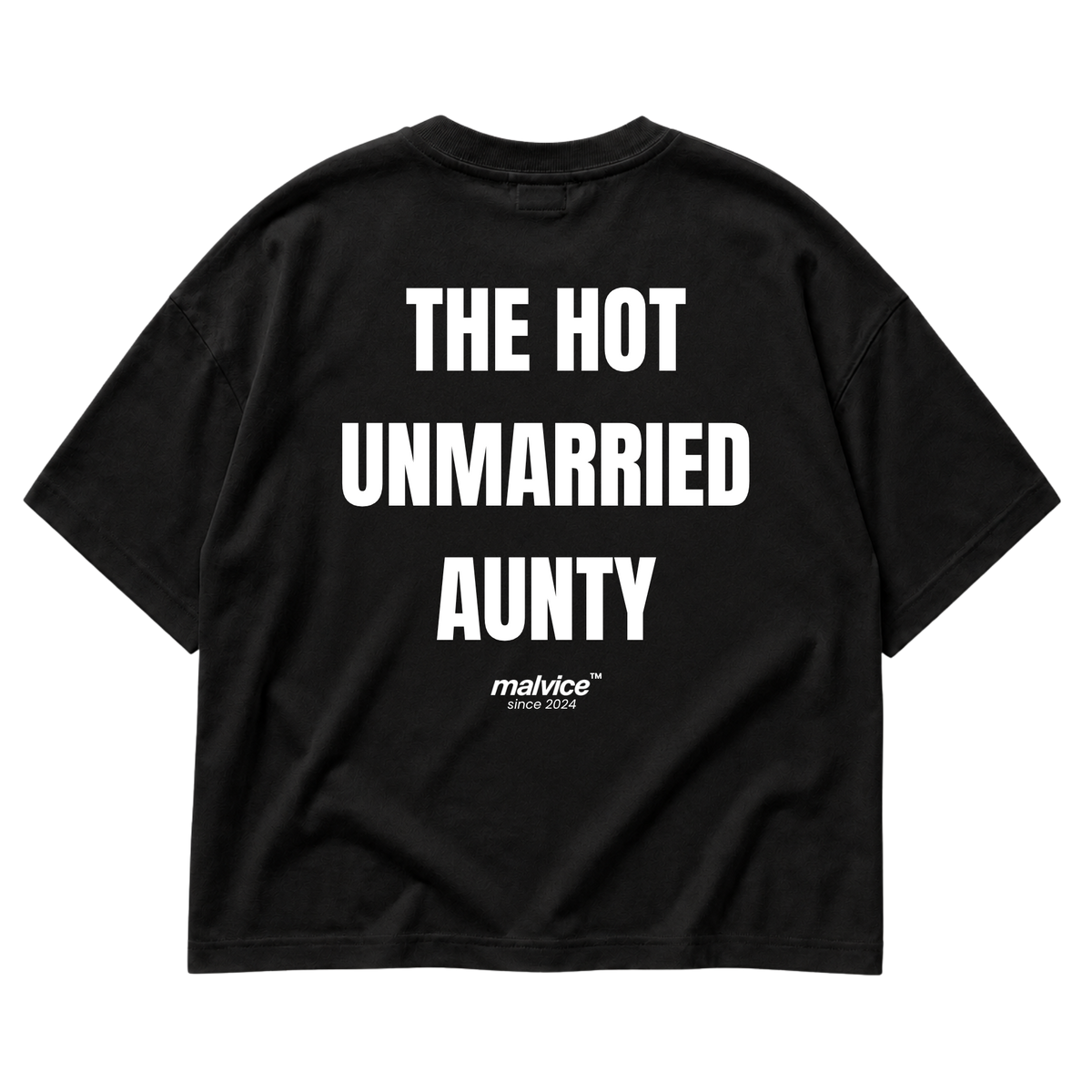 Back view of the black THE HOT UNMARRIED AUNTY Oversized T-Shirt by MALVICE.