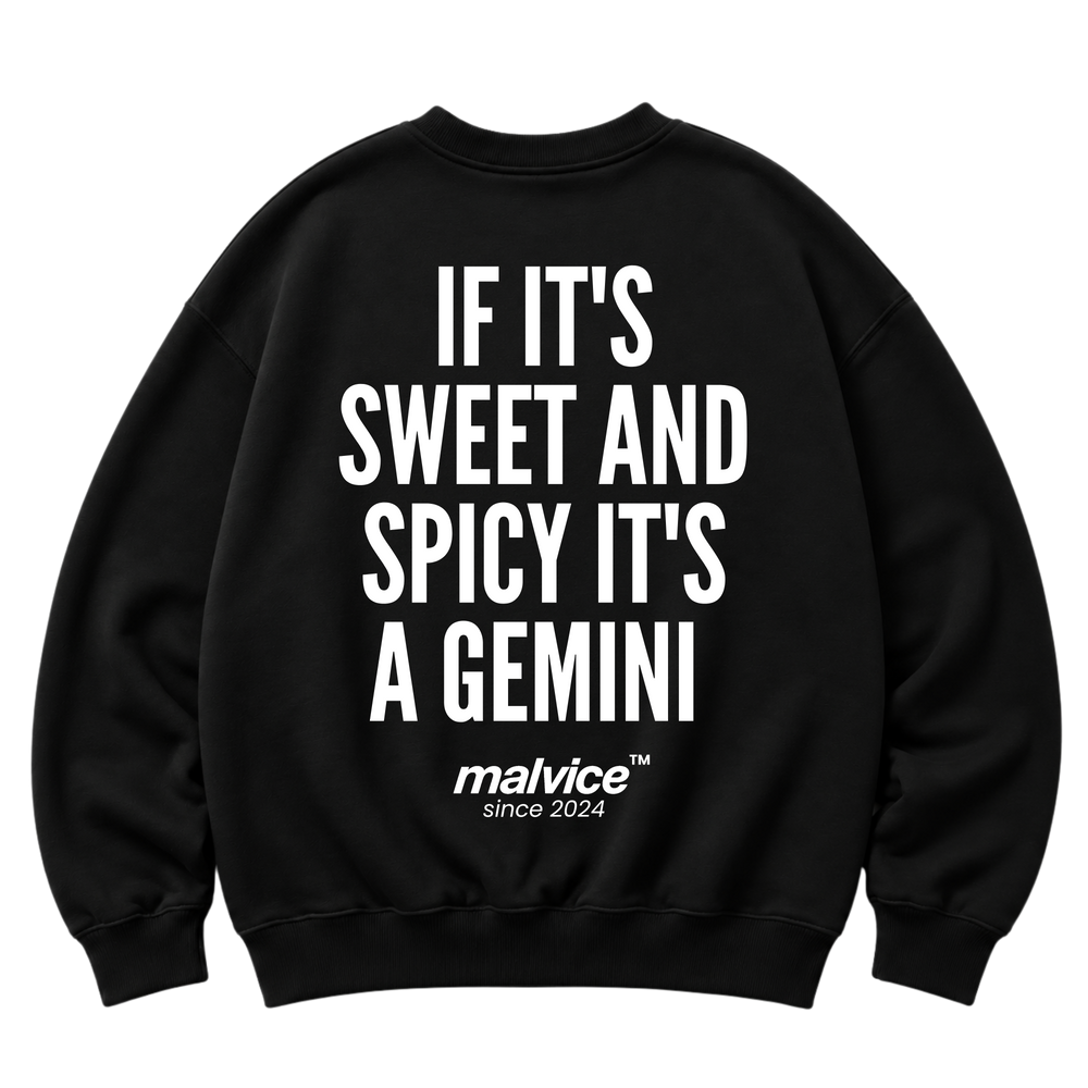 Black MALVICE oversized sweatshirt with “IF IT'S SWEET AND SPICY IT'S A GEMINI” back print