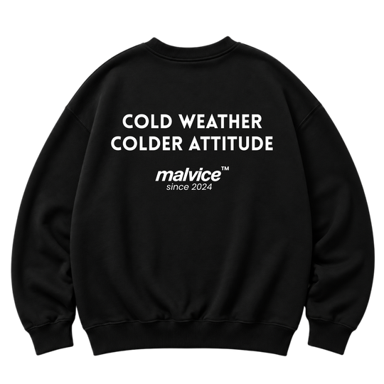 Black MALVICE oversized sweatshirt with “COLD WEATHER COLDER ATTITUDE” back print