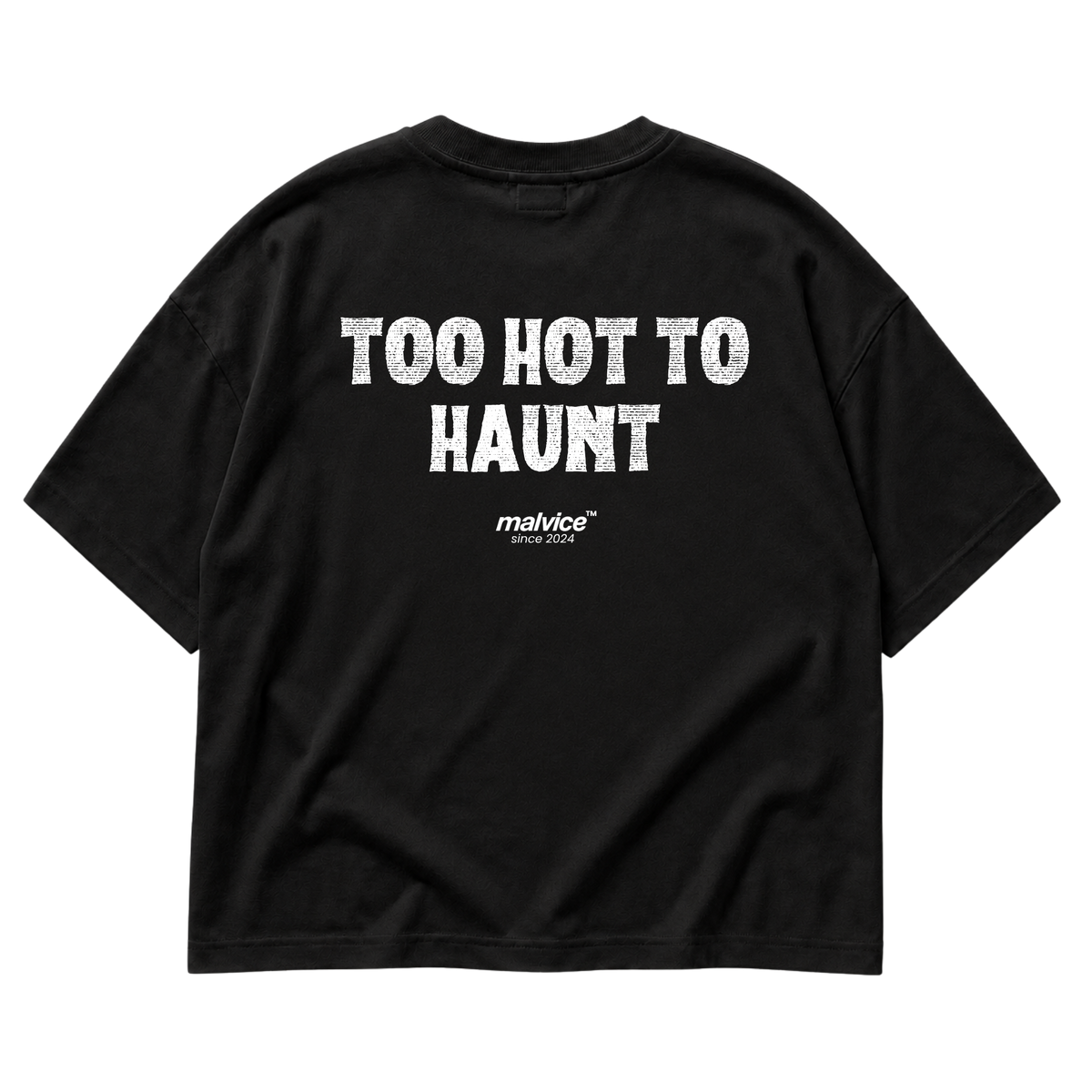 Black MALVICE oversized T-shirt with “TOO HOT TO HAUNT” back print