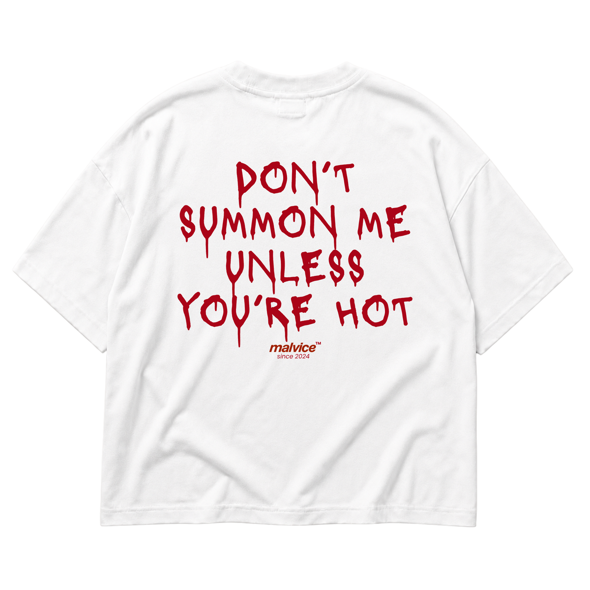 White MALVICE oversized T-shirt with “DON’T SUMMON ME UNLESS YOU’RE HOT” back print