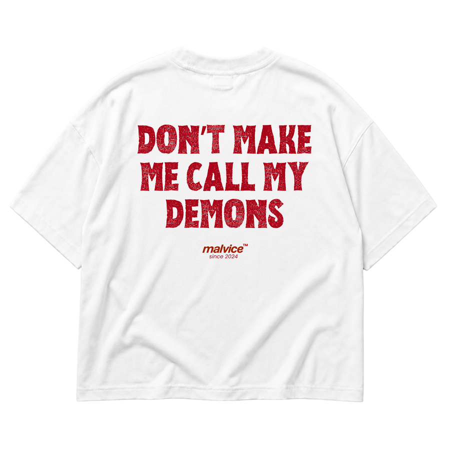 White MALVICE oversized T-shirt with “DON’T MAKE ME CALL MY DEMONS” back print