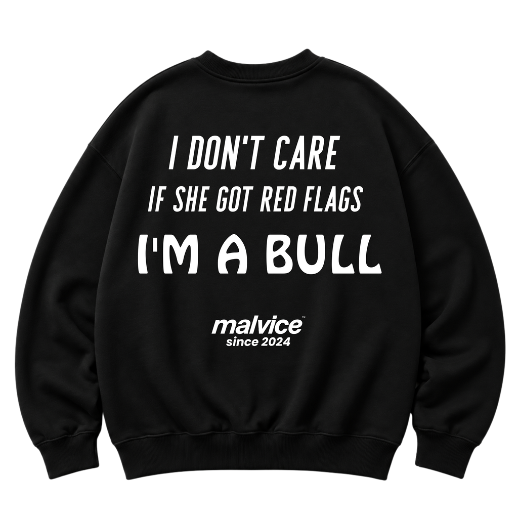 Black MALVICE oversized sweatshirt with “I DON'T CARE IF SHE GOT RED FLAGS I'M A BULL” back print