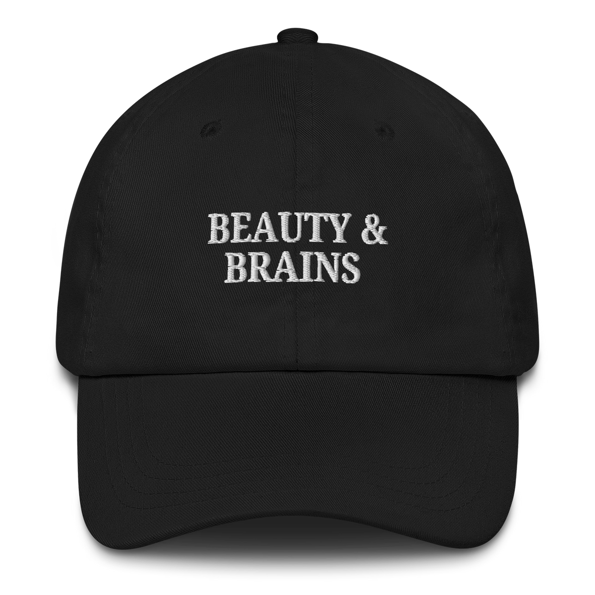 Black MALVICE adjustable dad hat with “BEAUTY & BRAINS” front embroidery