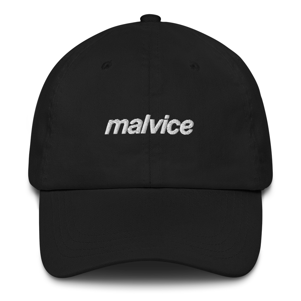 Black MALVICE dad hat with white front embroidery