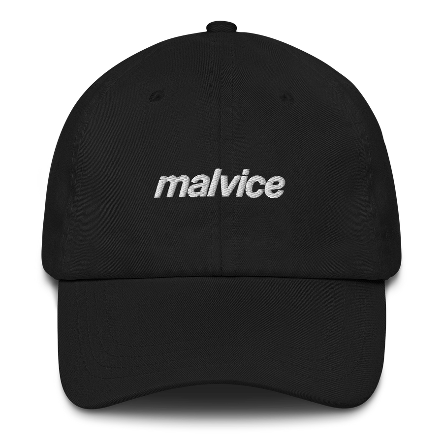 Black MALVICE dad hat with white front embroidery
