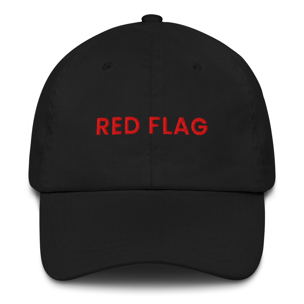 Black MALVICE adjustable dad hat with “RED FLAG” front embroidery