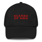 Black MALVICE adjustable dad hat with “SCARED OF MEN” front embroidery