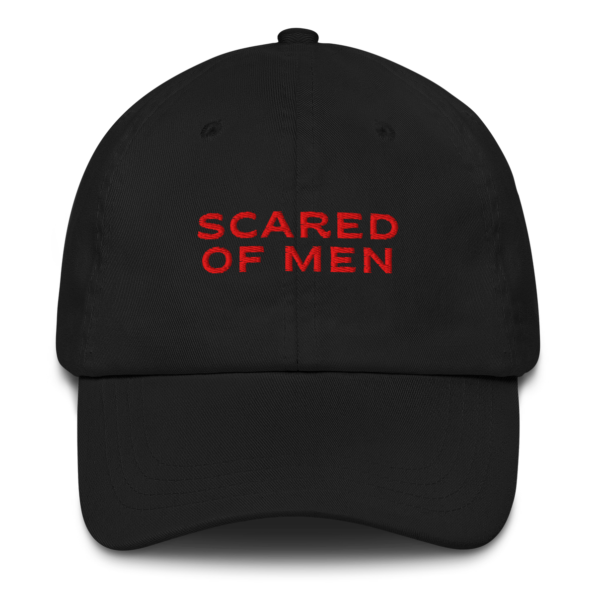 Black MALVICE adjustable dad hat with “SCARED OF MEN” front embroidery