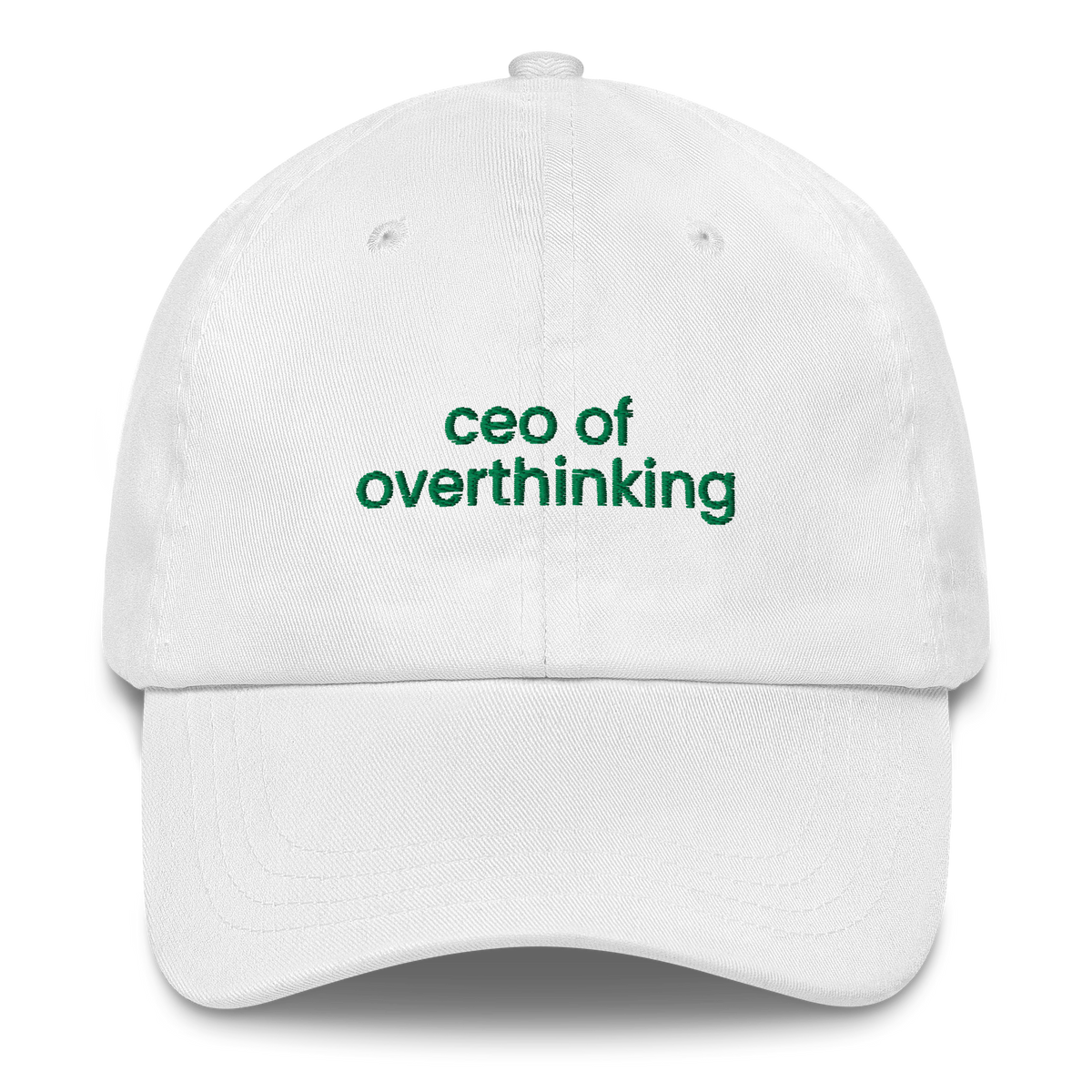 White MALVICE adjustable dad hat with “CEO OF OVERTHINKING” front embroidery