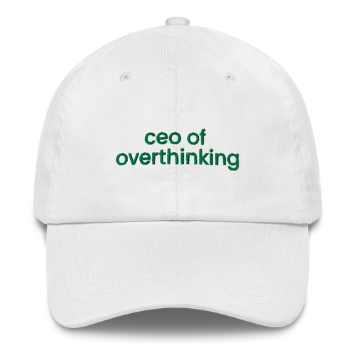 White MALVICE adjustable dad hat with “CEO OF OVERTHINKING” front embroidery
