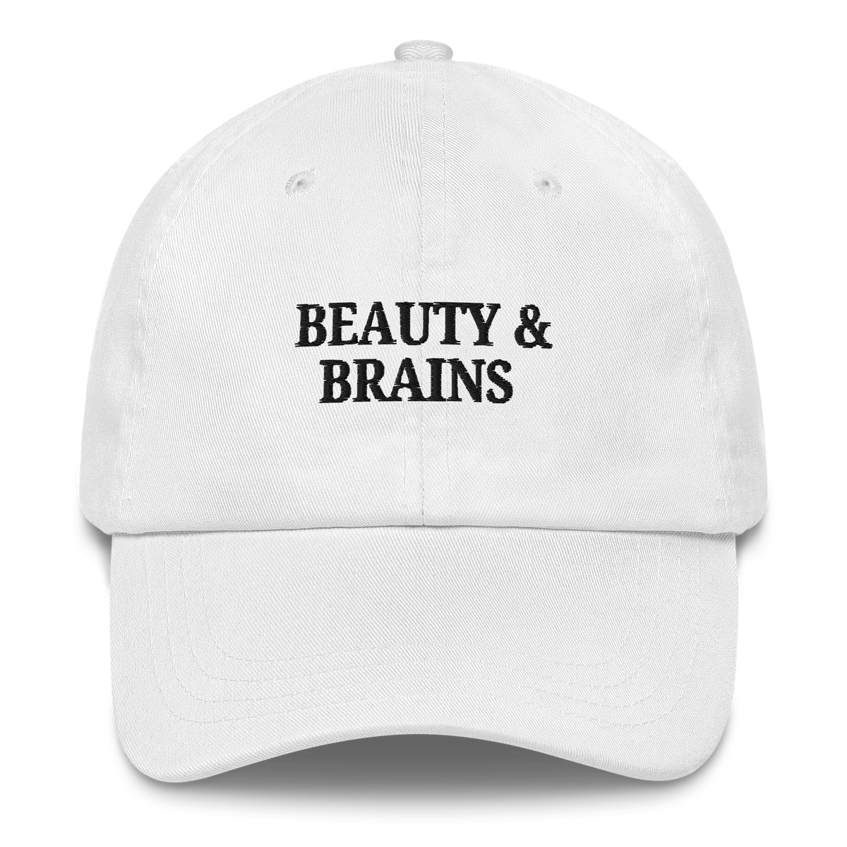 White MALVICE adjustable dad hat with “BEAUTY & BRAINS” front embroidery