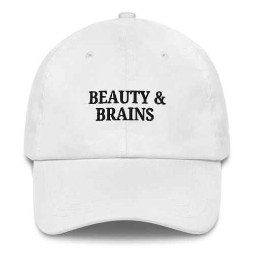 White MALVICE adjustable dad hat with “BEAUTY & BRAINS” front embroidery