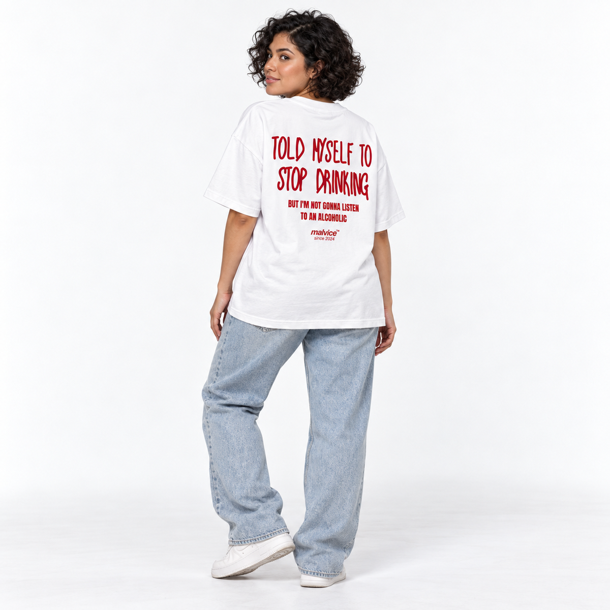 TOLD MYSELF TO STOP DRINKING Oversized T-Shirt white young adult model back view