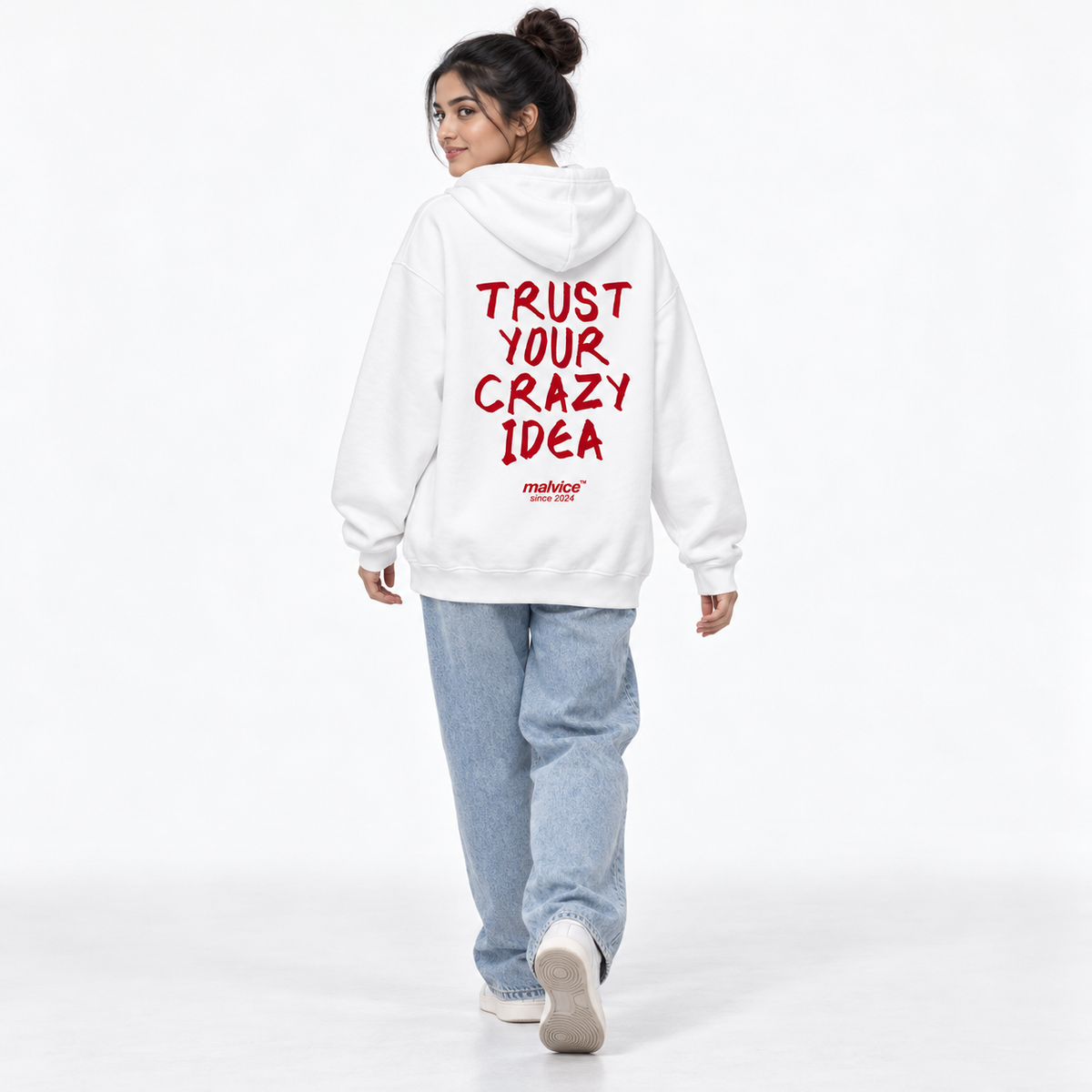 TRUST YOUR CRAZY IDEA Oversized Hoodie white young adult model back view