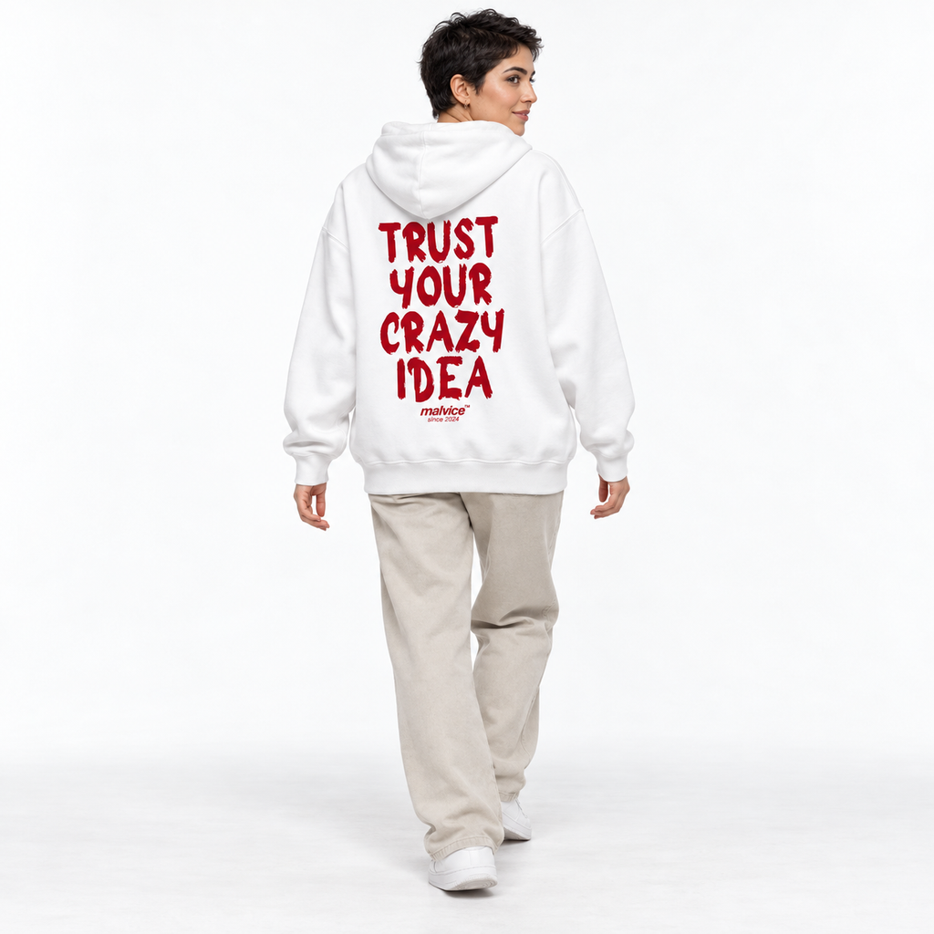 TRUST YOUR CRAZY IDEA Oversized Hoodie white young adult model back view