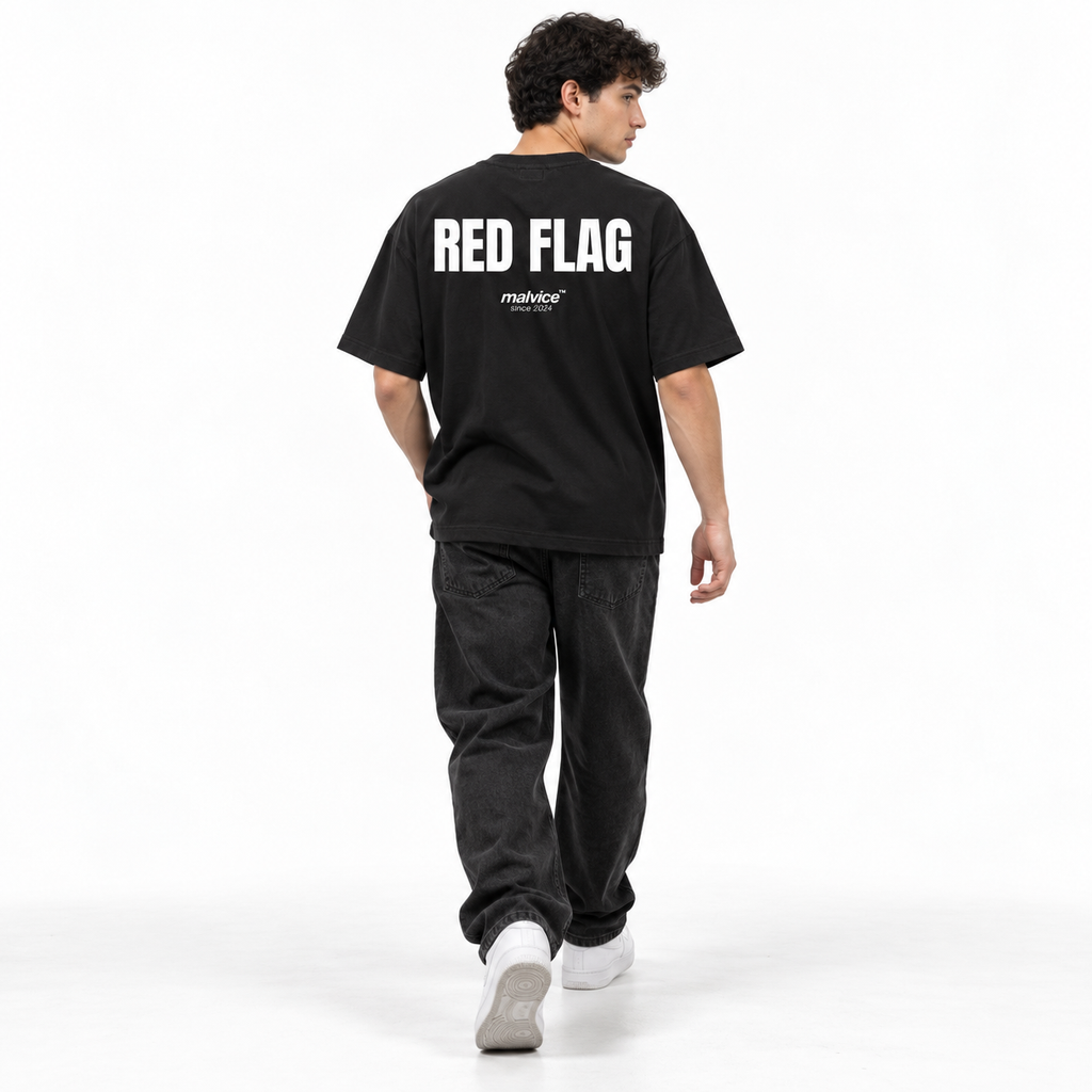 RED Flag Oversized T-Shirt black young adult model back view