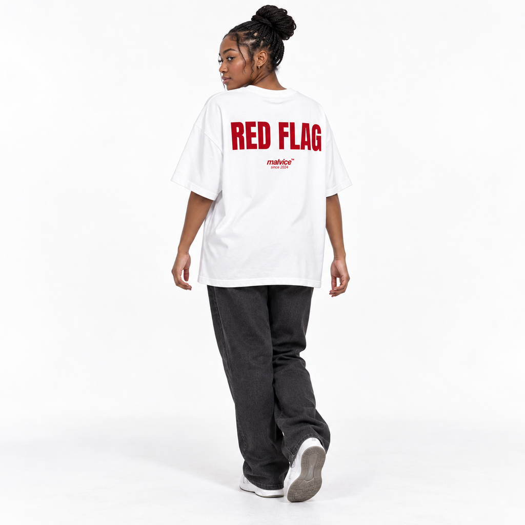 RED Flag Oversized T-Shirt white young adult model back view