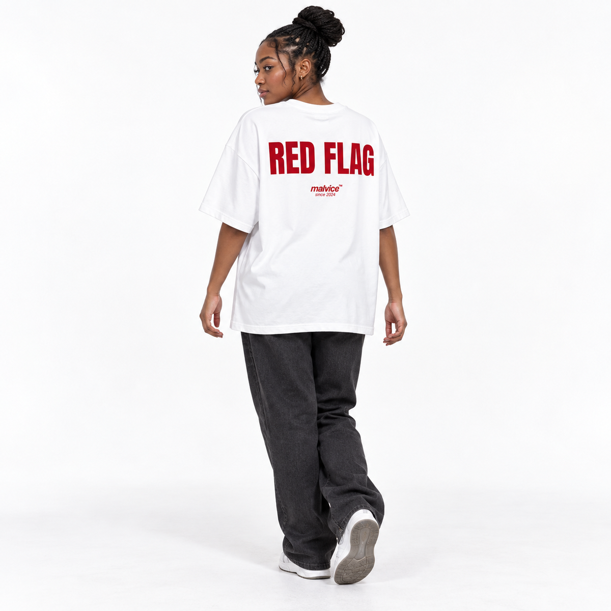 RED Flag Oversized T-Shirt white young adult model back view