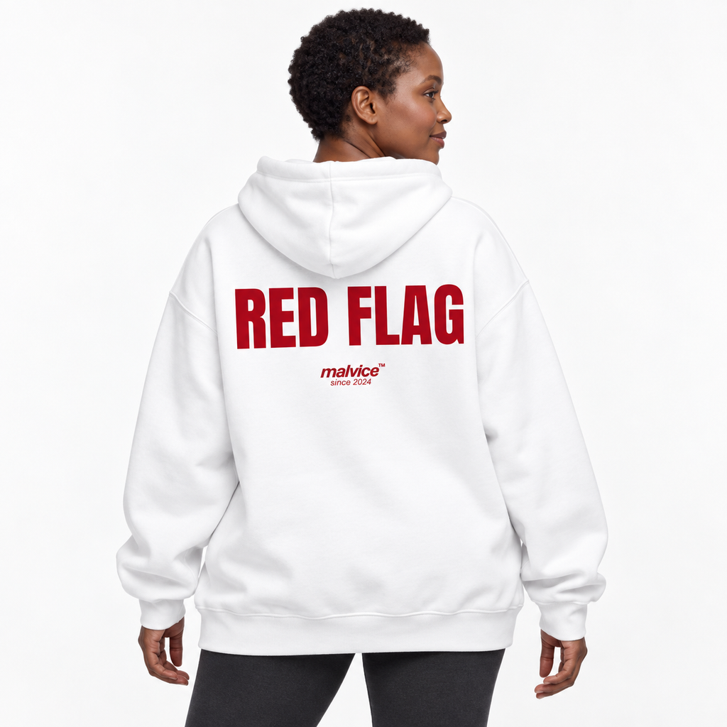 RED FLAG Oversized Hoodie white young adult model back view