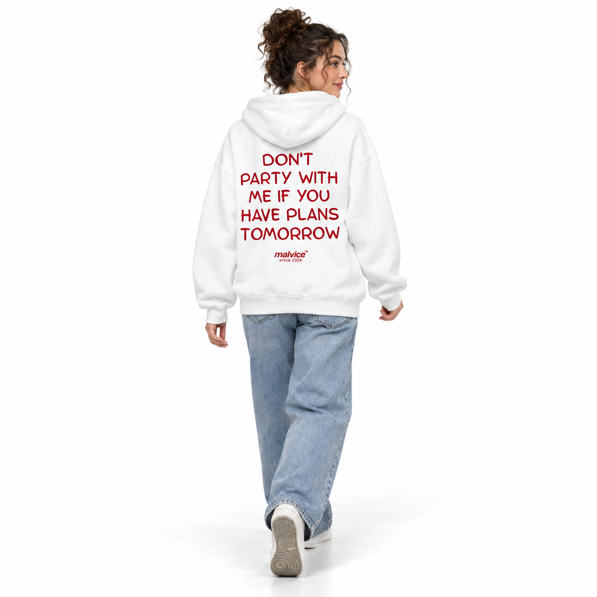 DON'T PARTY WITH ME IF YOU HAVE PLANS TOMORROW Oversized Hoodie white young adult model back view