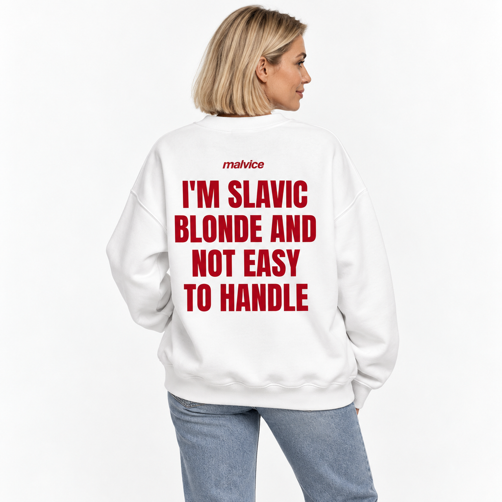 I'M SLAVIC BLONDE AND NOT EASY TO HANDLE Oversized Sweatshirt white young adult model back view