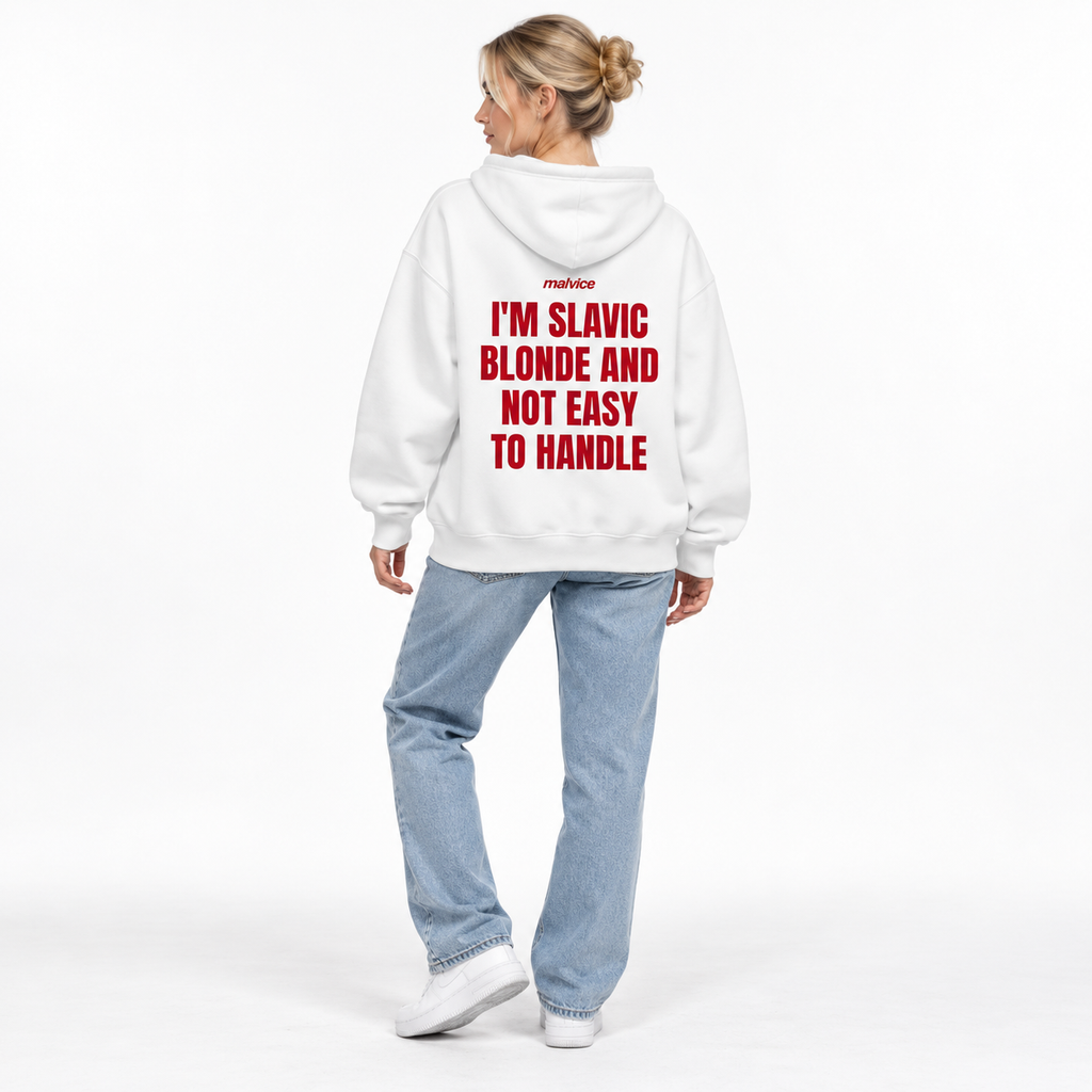 I'M SLAVIC BLONDE AND NOT EASY TO HANDLE Oversized Hoodie white young adult model back view