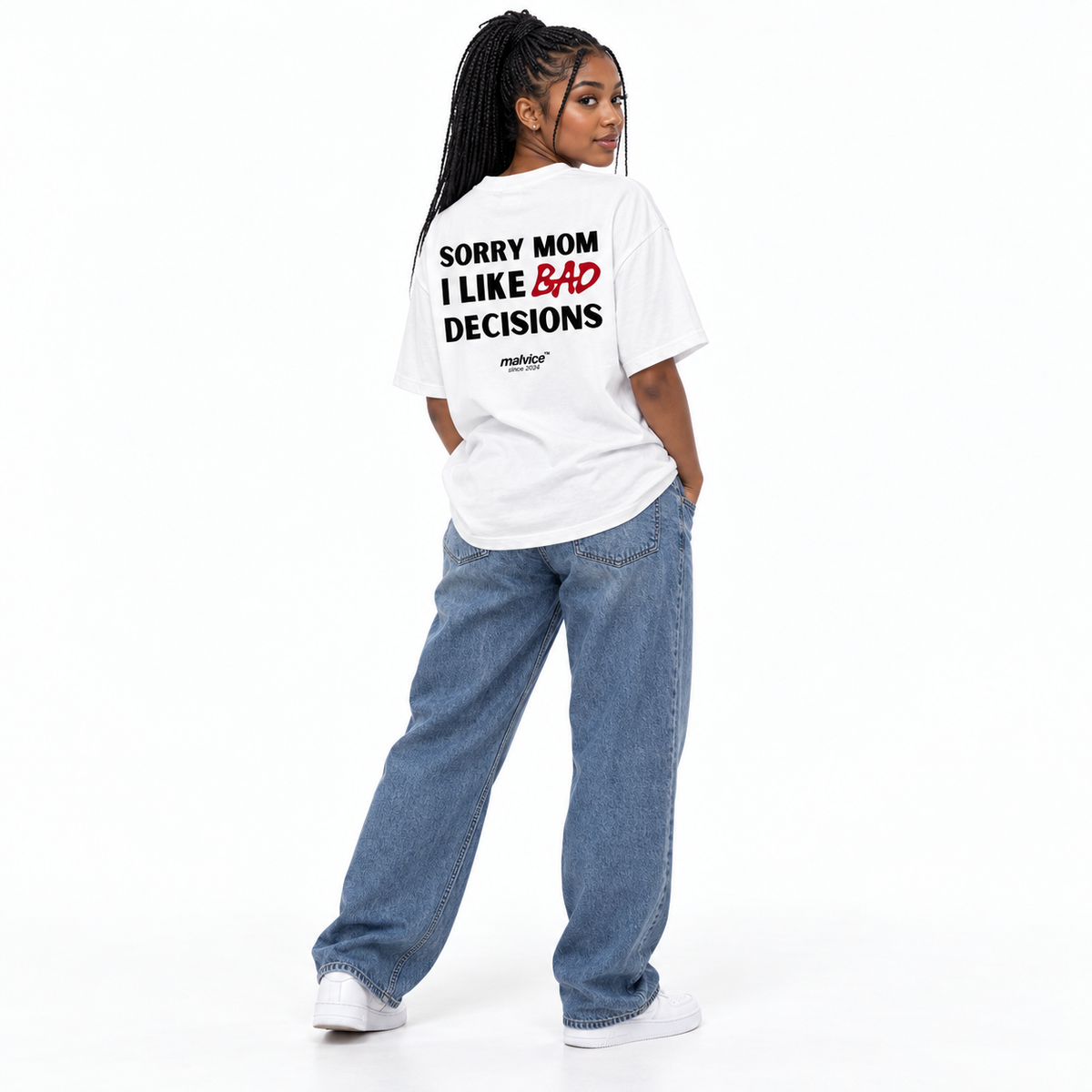 SORRY MOM I LIKE BAD DECISIONS Oversized T-Shirt white young adult model back view