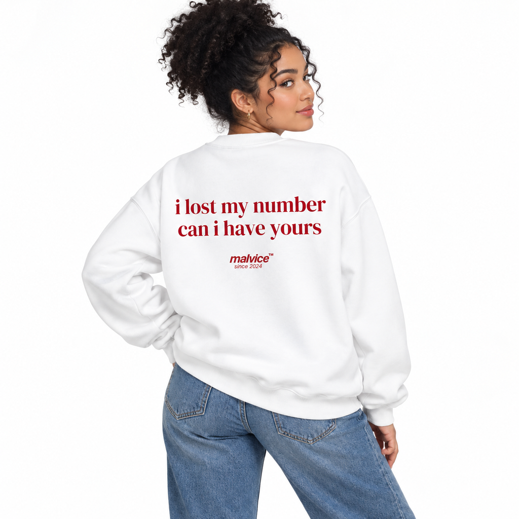 I lost my number can i have yours Oversized Sweatshirt white young adult model back view