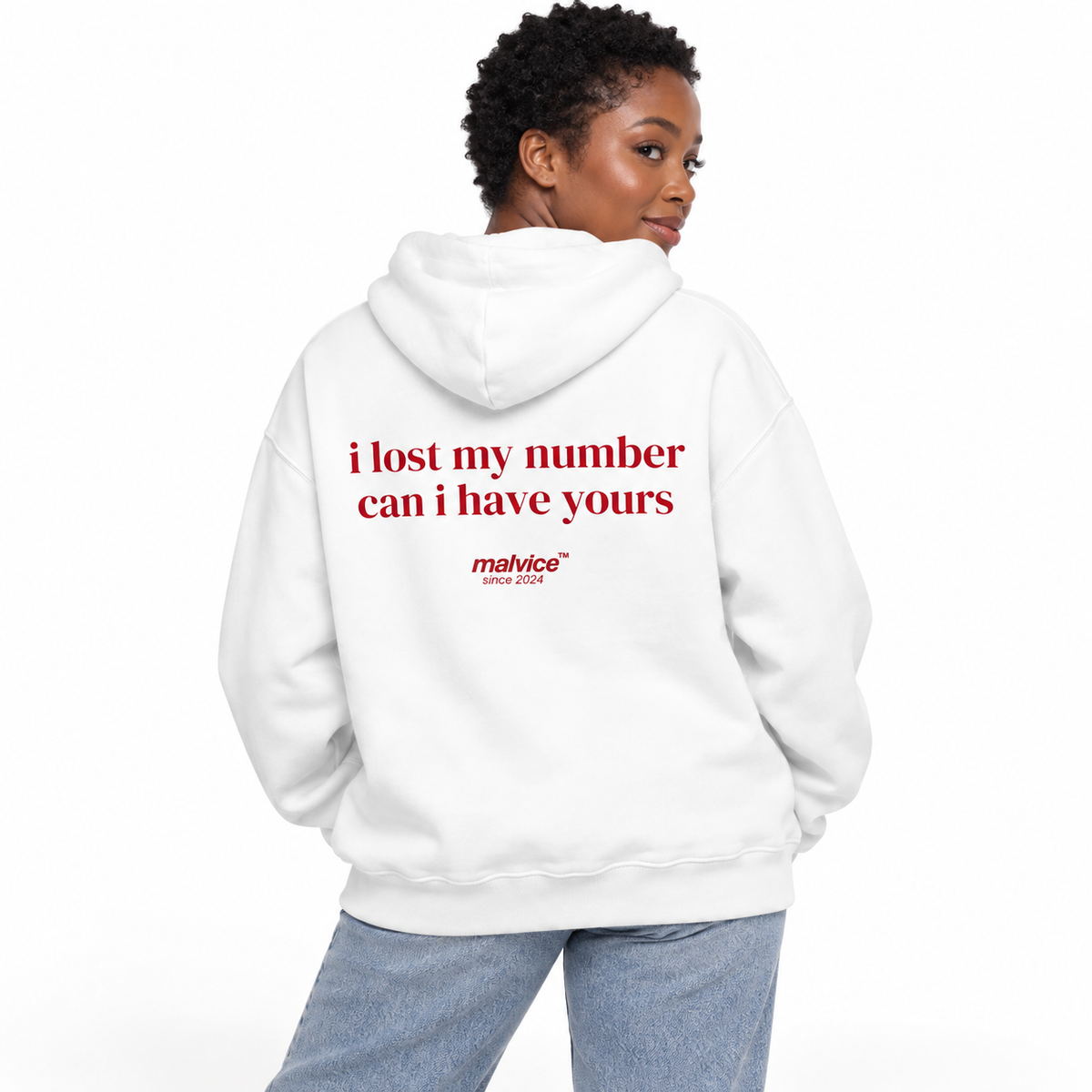 i lost my number can i have yours Oversized Hoodie white young adult model back view