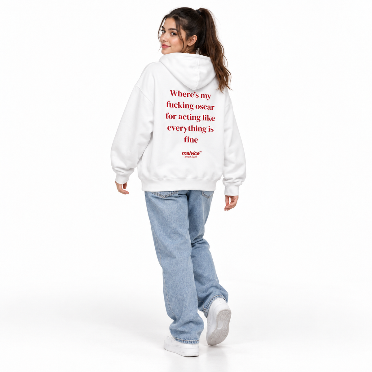 Where's my fucking oscar for acting like everything is fine Oversized Hoodie white young adult model back view