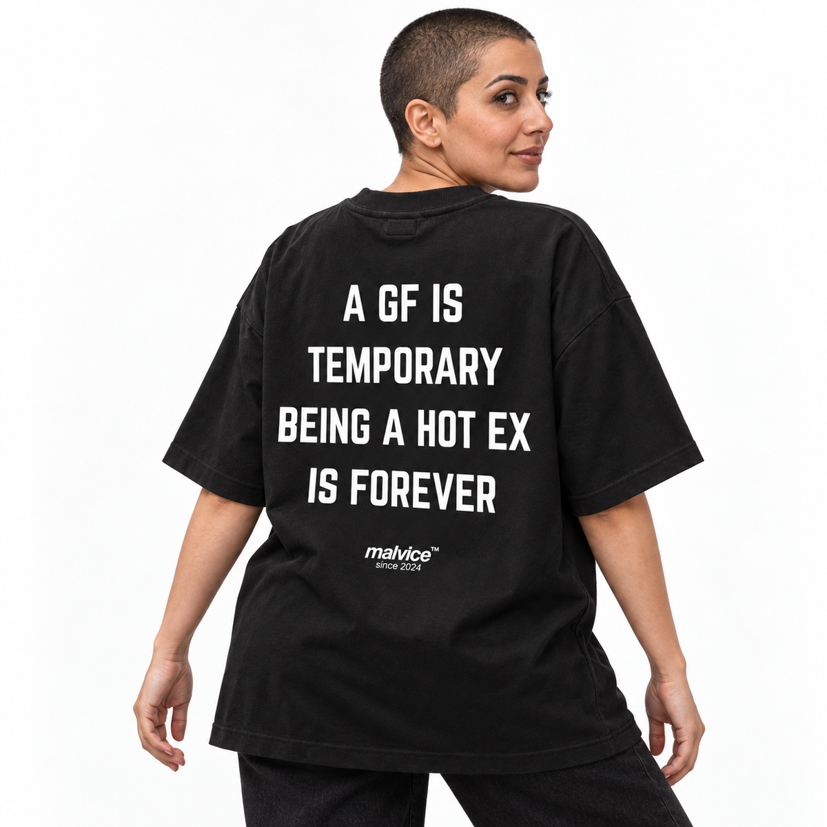 A GF IS TEMPORARY BEING A HOT EX IS FOREVER Oversized T-Shirt black young adult model back view