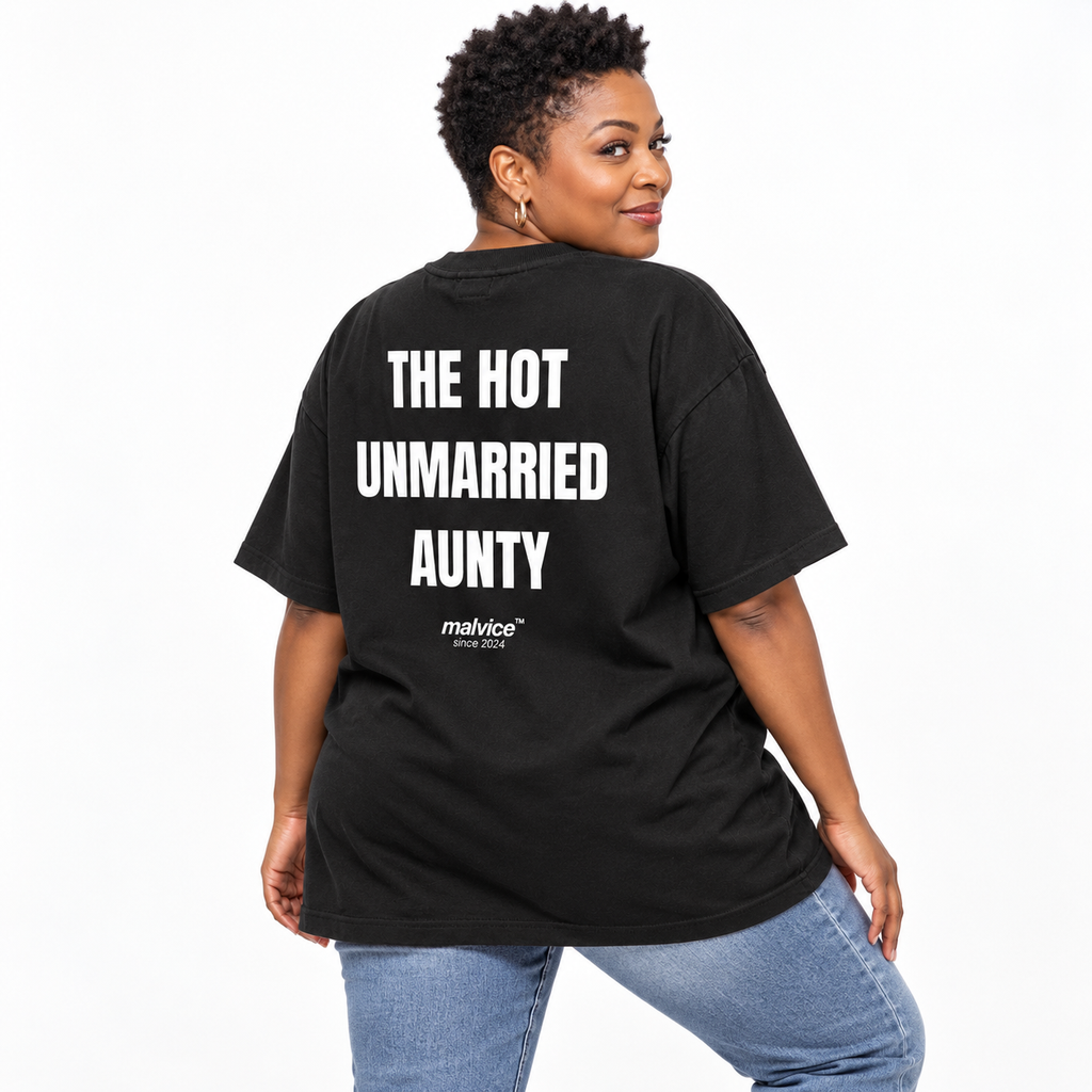 THE HOT UNMARRIED AUNTY Oversized T-Shirt black young adult model back view