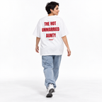 THE HOT UNMARRIED AUNTY Oversized T-Shirt white young adult model back view