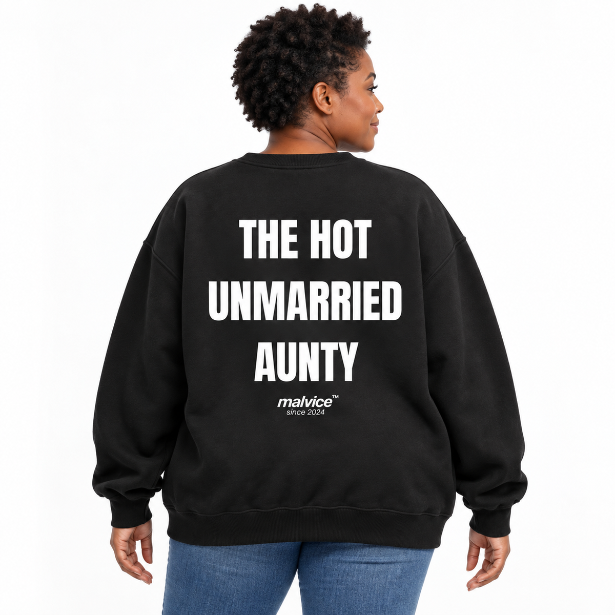 THE HOT UNMARRIED AUNTY Oversized Sweatshirt black young adult model back view
