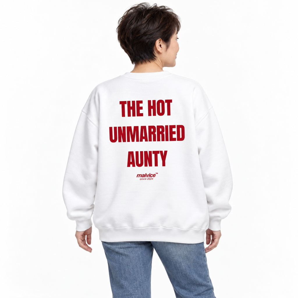 THE HOT UNMARRIED AUNTY Oversized Sweatshirt white young adult model back view
