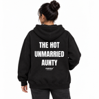THE HOT UNMARRIED AUNTY Oversized Hoodie black young adult model back view