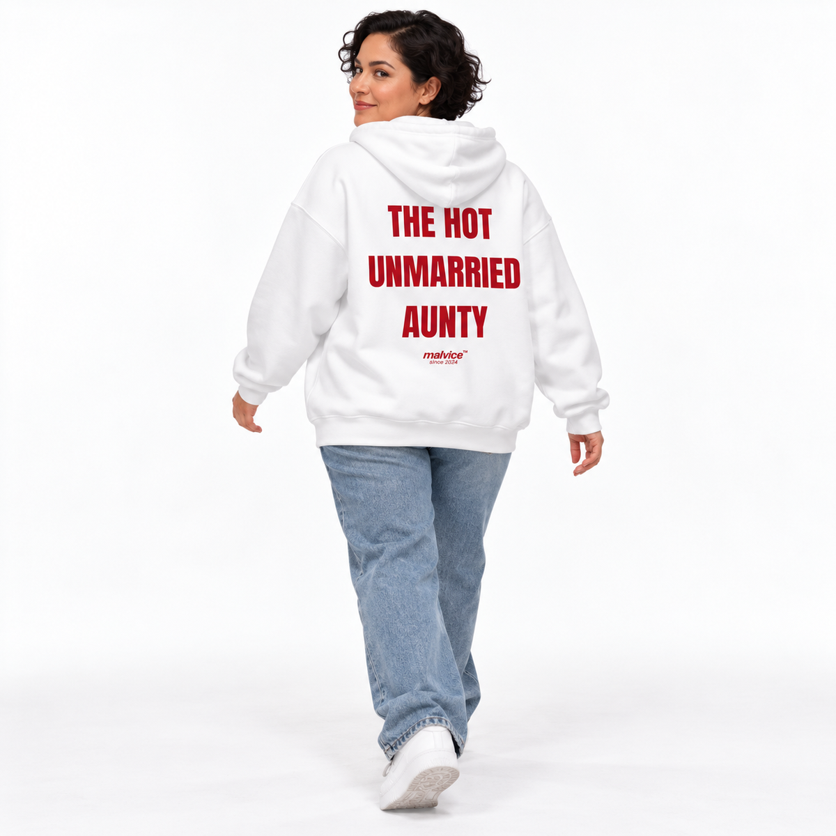 THE HOT UNMARRIED AUNTY Oversized Hoodie white young adult model back view