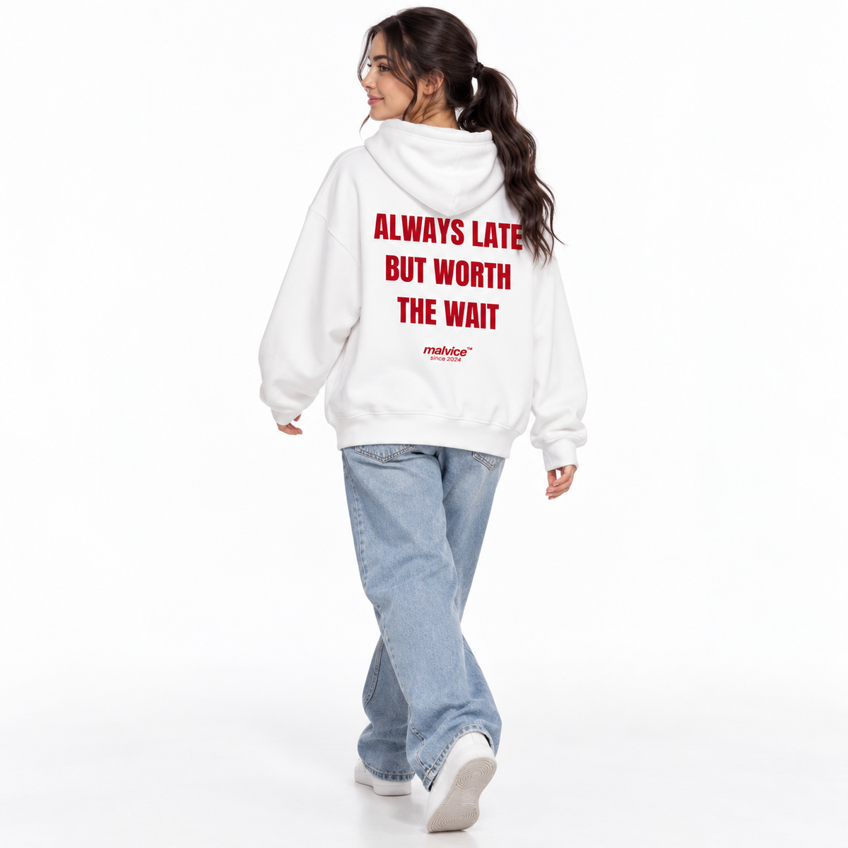 ALWAYS LATE BUT WORTH THE WAIT Oversized Hoodie white young adult model back view