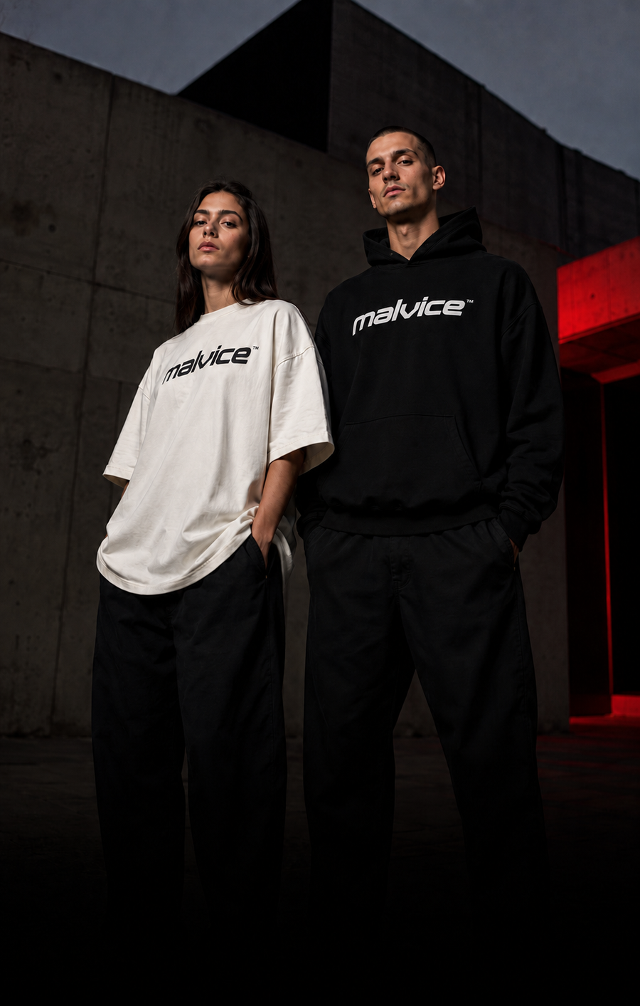 MALVICE streetwear models in black and ivory