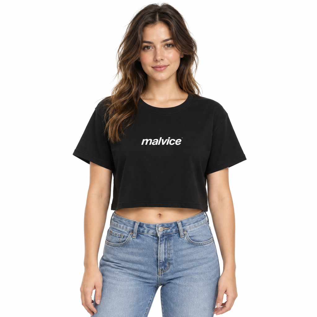 MALVICE Relaxed Crop Top — black Crop Top on woman model, white studio