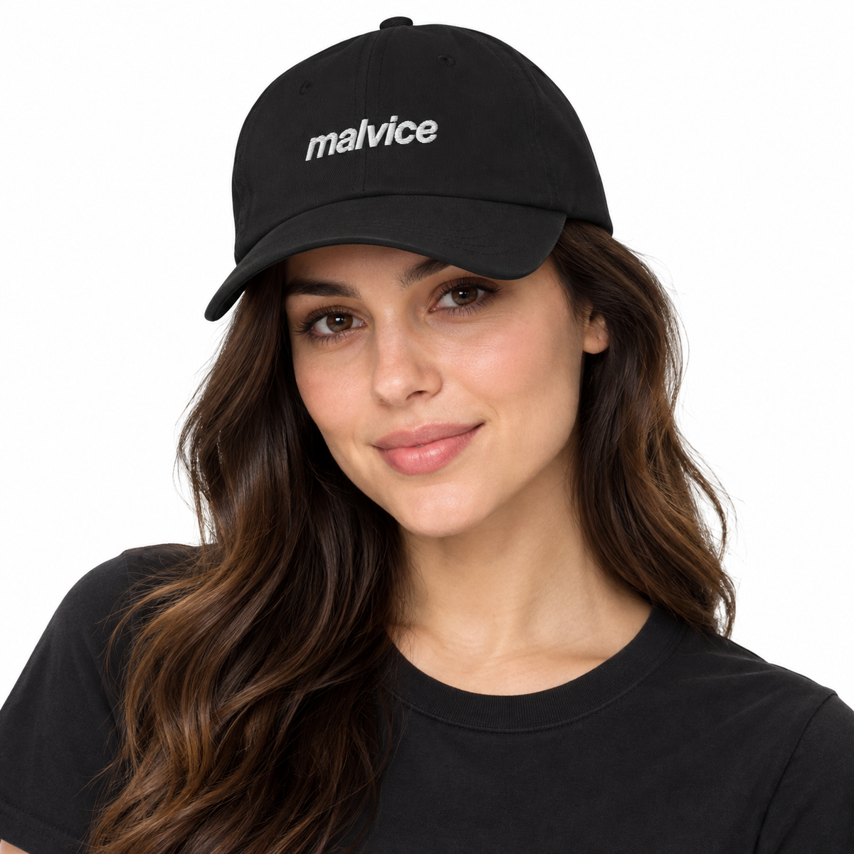 MALVICE Adjustable Dad Hat — black Cap on woman model, white studio