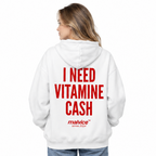 I NEED VITAMIN CASH Oversized Hoodie — white Hoodie on woman model, white studio