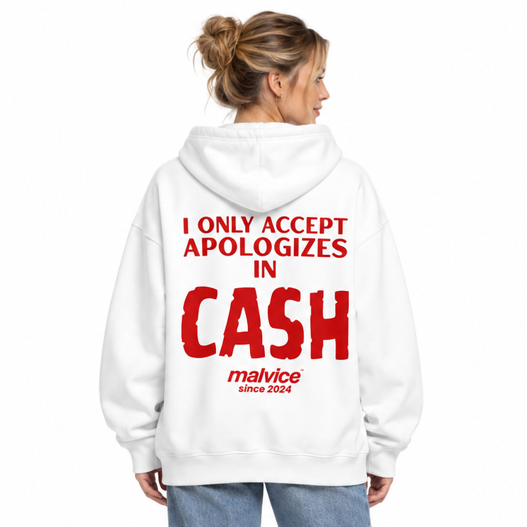 I ONLY ACCEPT APOLOGIES IN CASH Oversized Hoodie — white Hoodie on woman model, white studio