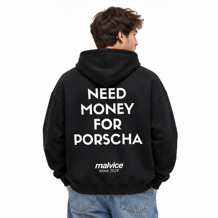 NEED MONEY FOR PORSCHE Oversized Hoodie — black Hoodie on man model, white studio